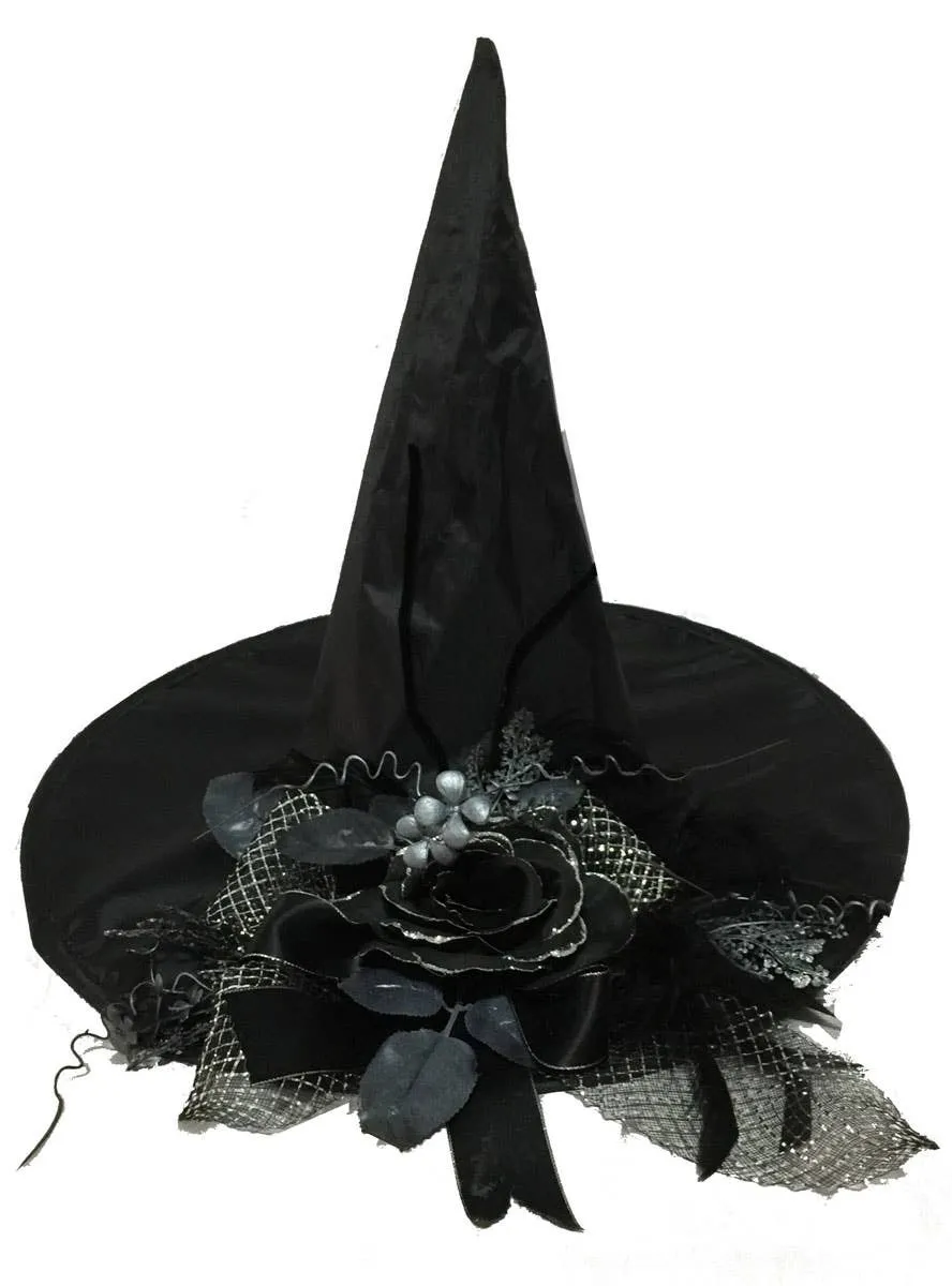 Lavish Black Witch Hat with Rose and Bow Embellishments