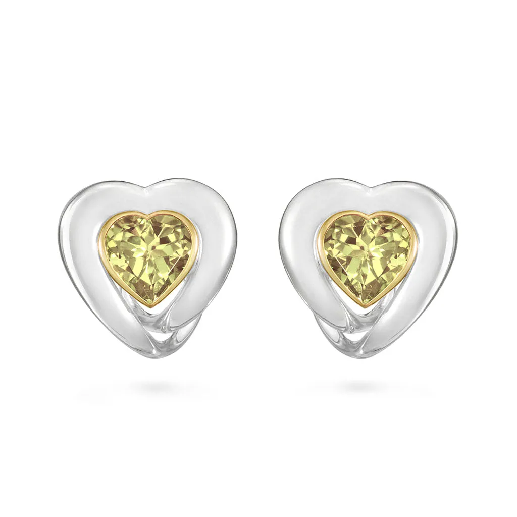 Lemon Quartz Heart Earrings in Yellow Gold and Sterling Silver