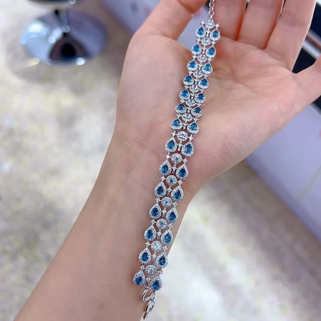 London Blue Topaz Jewelry 925 Silver With 3 Rows Gemstone Bracelet OT Clasp Adjustable