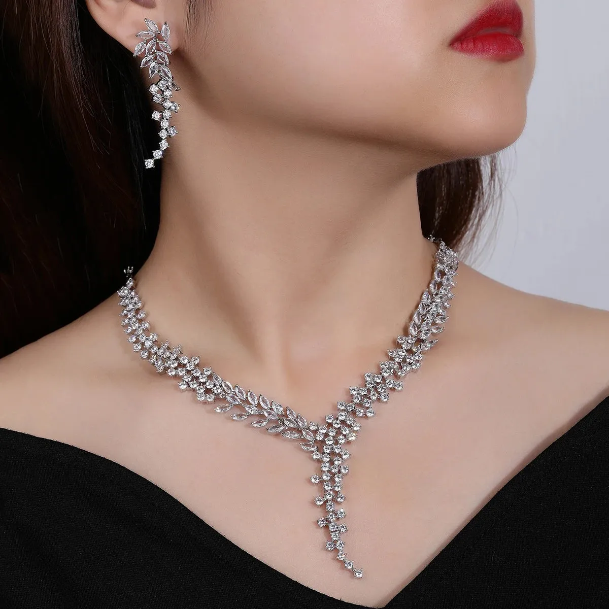 Luxury Bridal Jewelry Set Gorgeous Cubic Zirconia Ladies Party Wedding Necklace And Earrings Set  CN10327