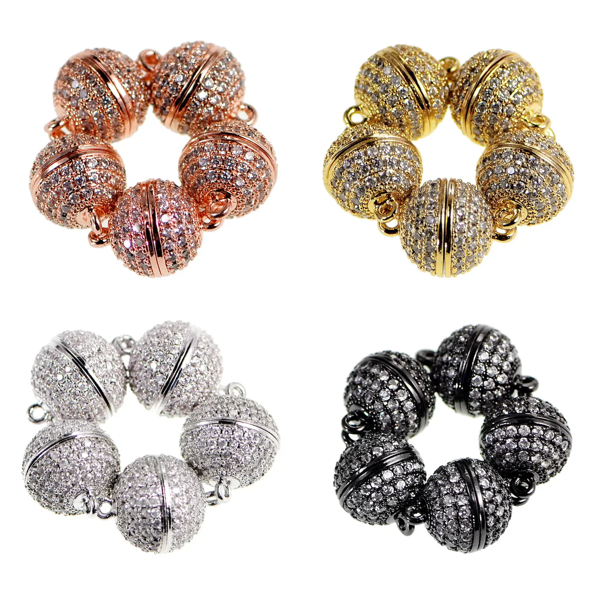 Magnetic Round Clasp Cubic Zirconia Rhinestones Spacer 18K Plated Metal Finding Connector Charm Beads