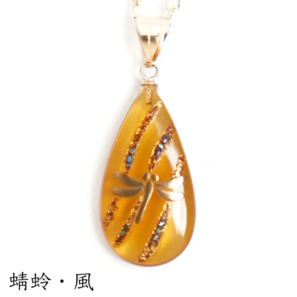 Maki-e Urushi Lacquer Pendant Necklace - White Tortoiseshell / Dragonfly / Wind -, Traditional Japanese Urushi Lacquer Jewelry