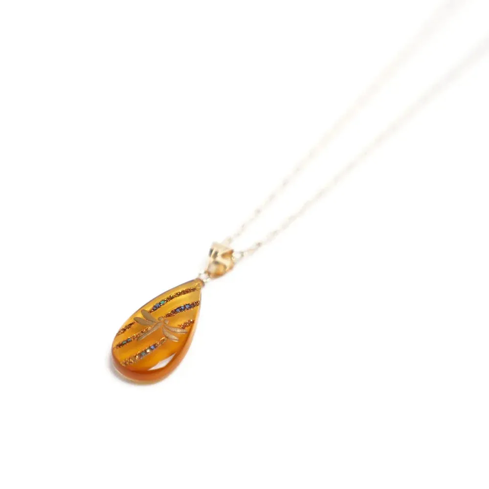 Maki-e Urushi Lacquer Pendant Necklace - White Tortoiseshell / Dragonfly / Wind -, Traditional Japanese Urushi Lacquer Jewelry