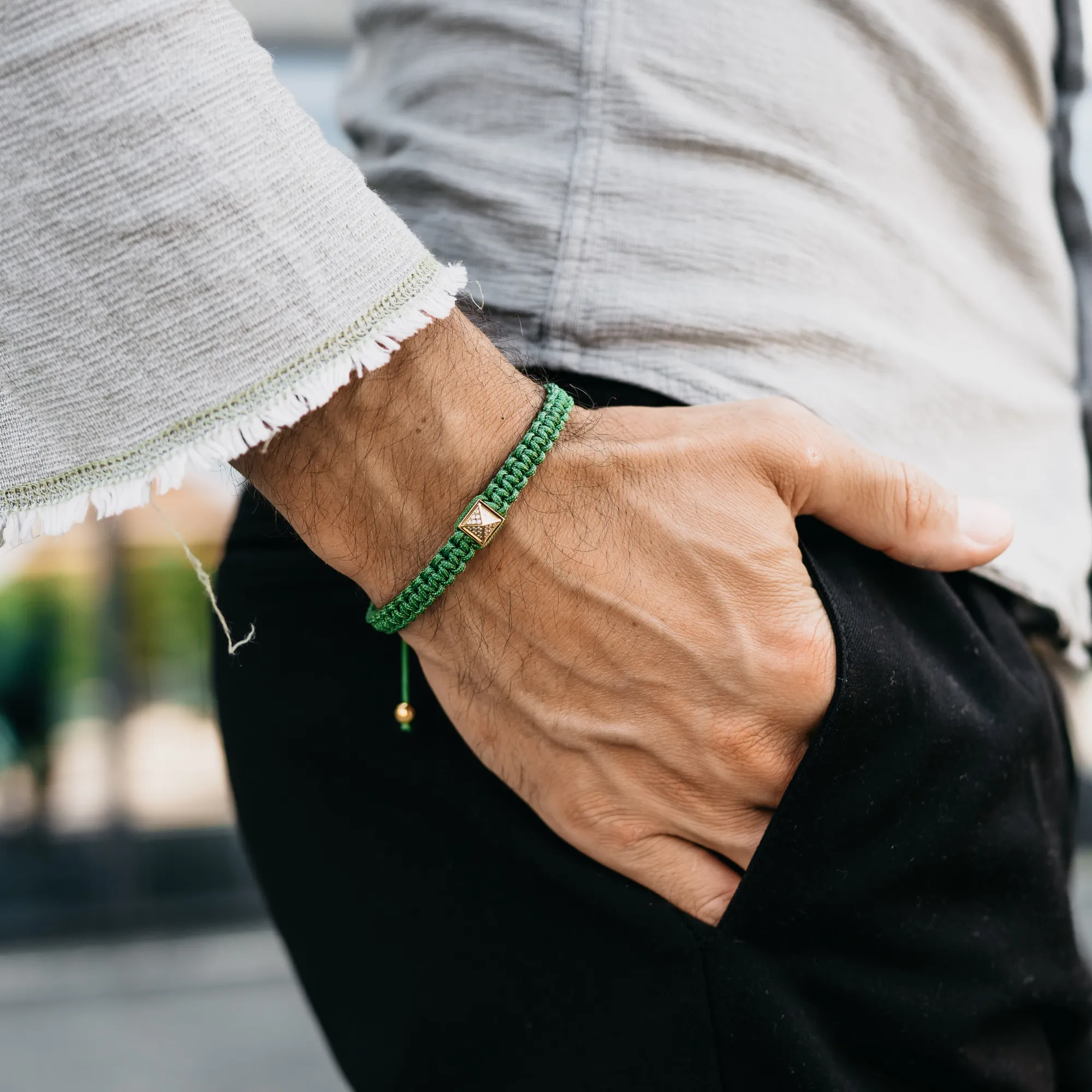 Men's Green Bracelet - Golden Pyramid with Zircon