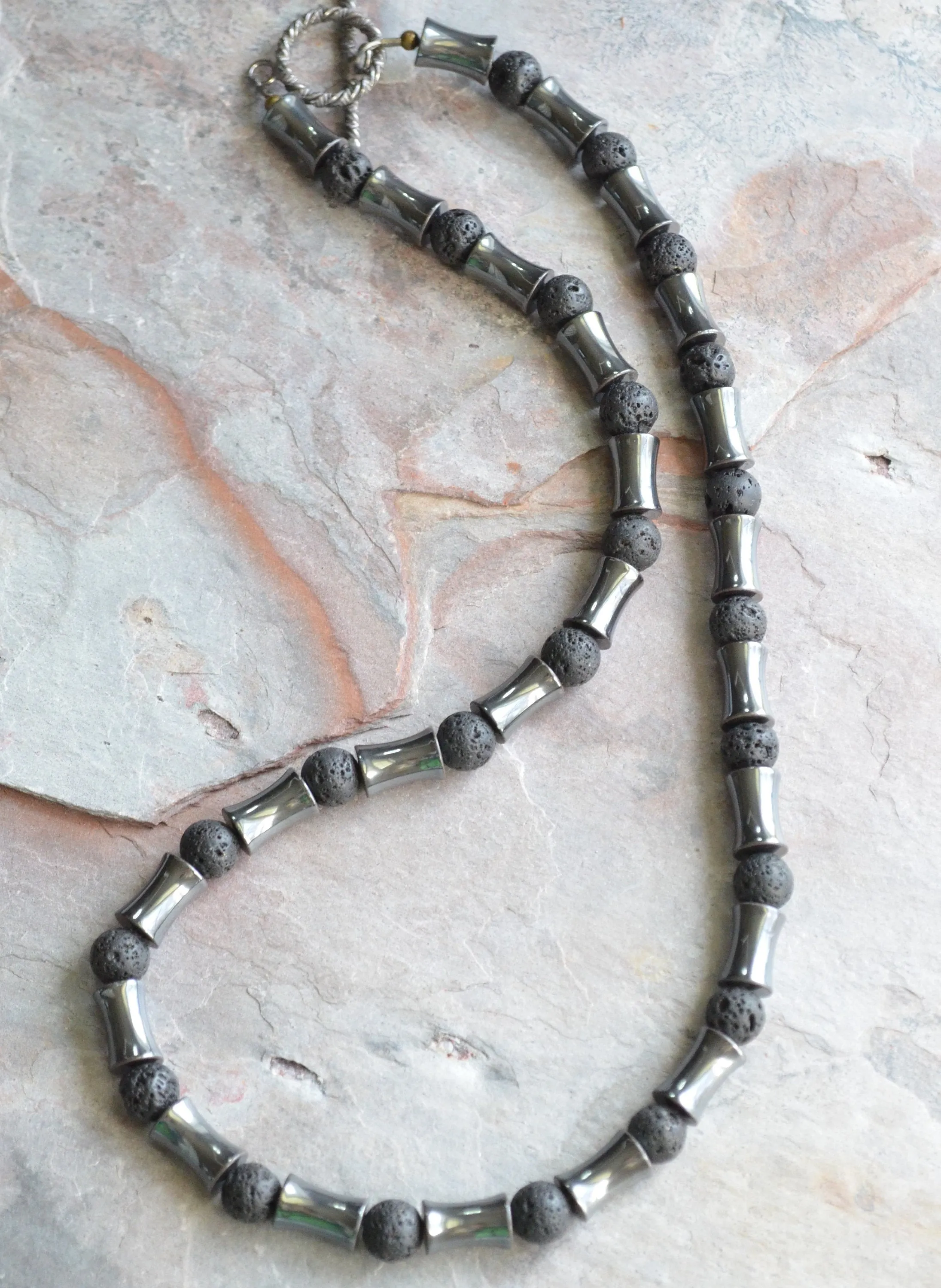 Mens Hematite Gray Black Lava Rock Beaded Surfer Necklace - James