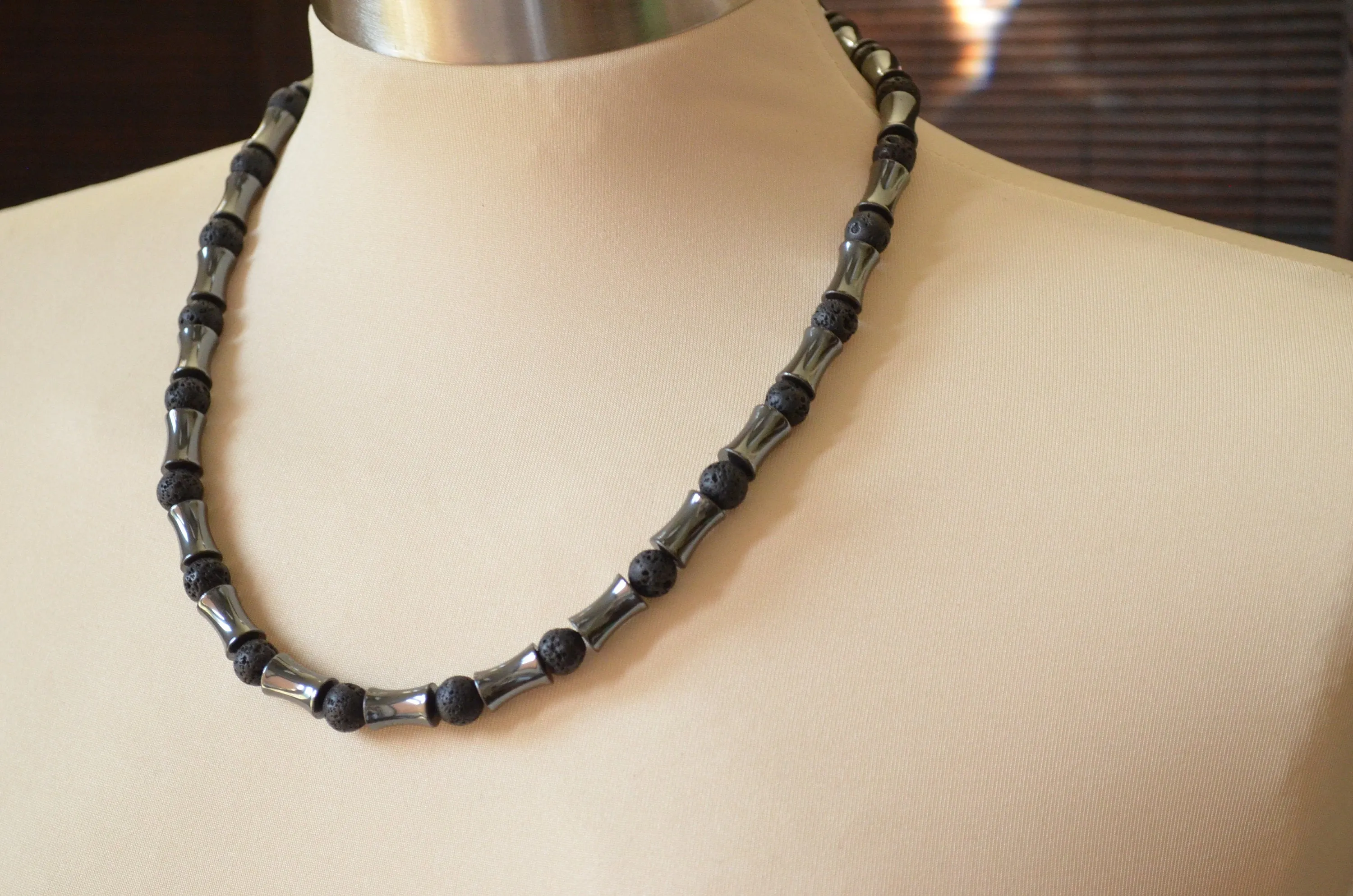 Mens Hematite Gray Black Lava Rock Beaded Surfer Necklace - James