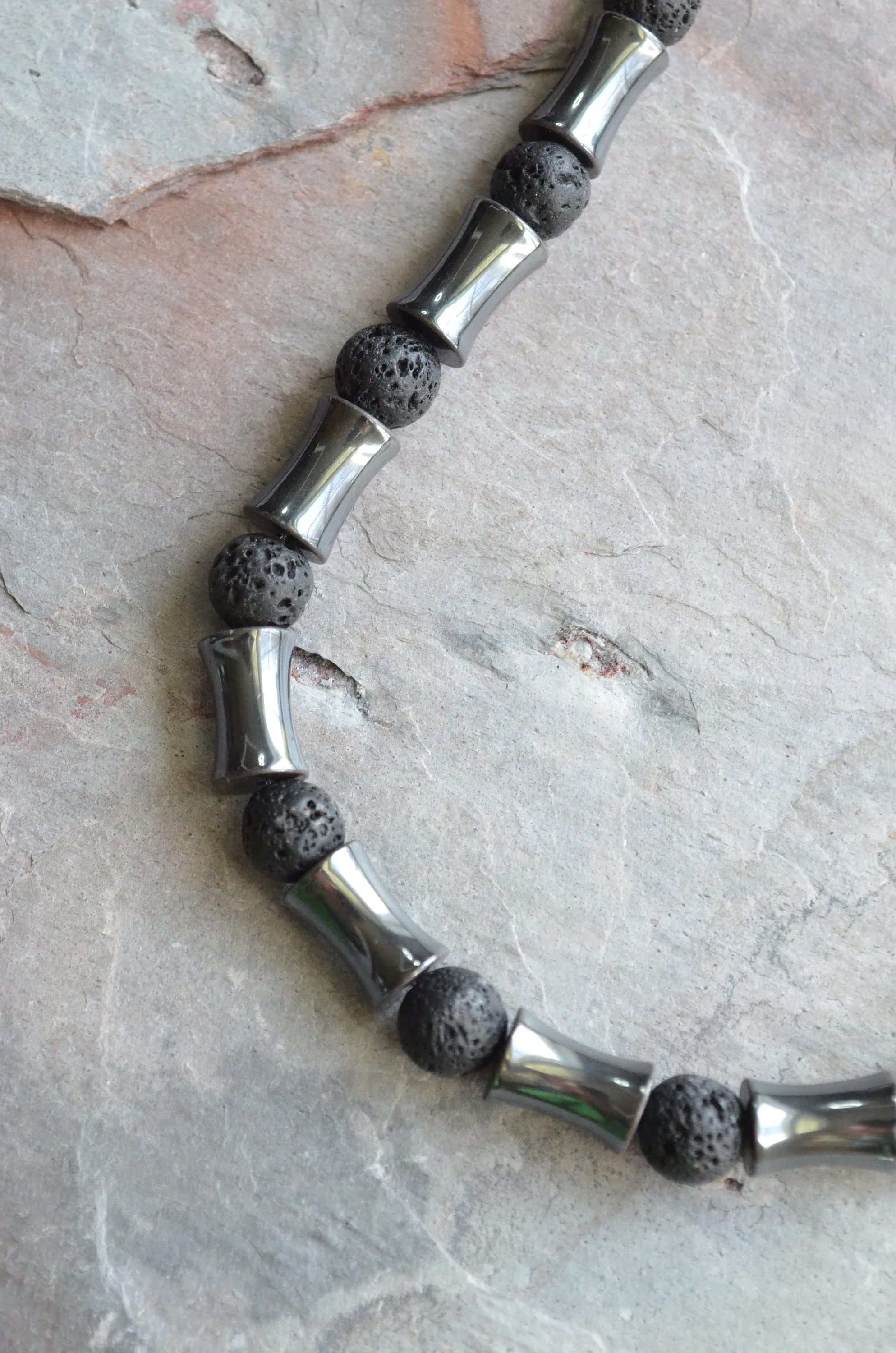 Mens Hematite Gray Black Lava Rock Beaded Surfer Necklace - James