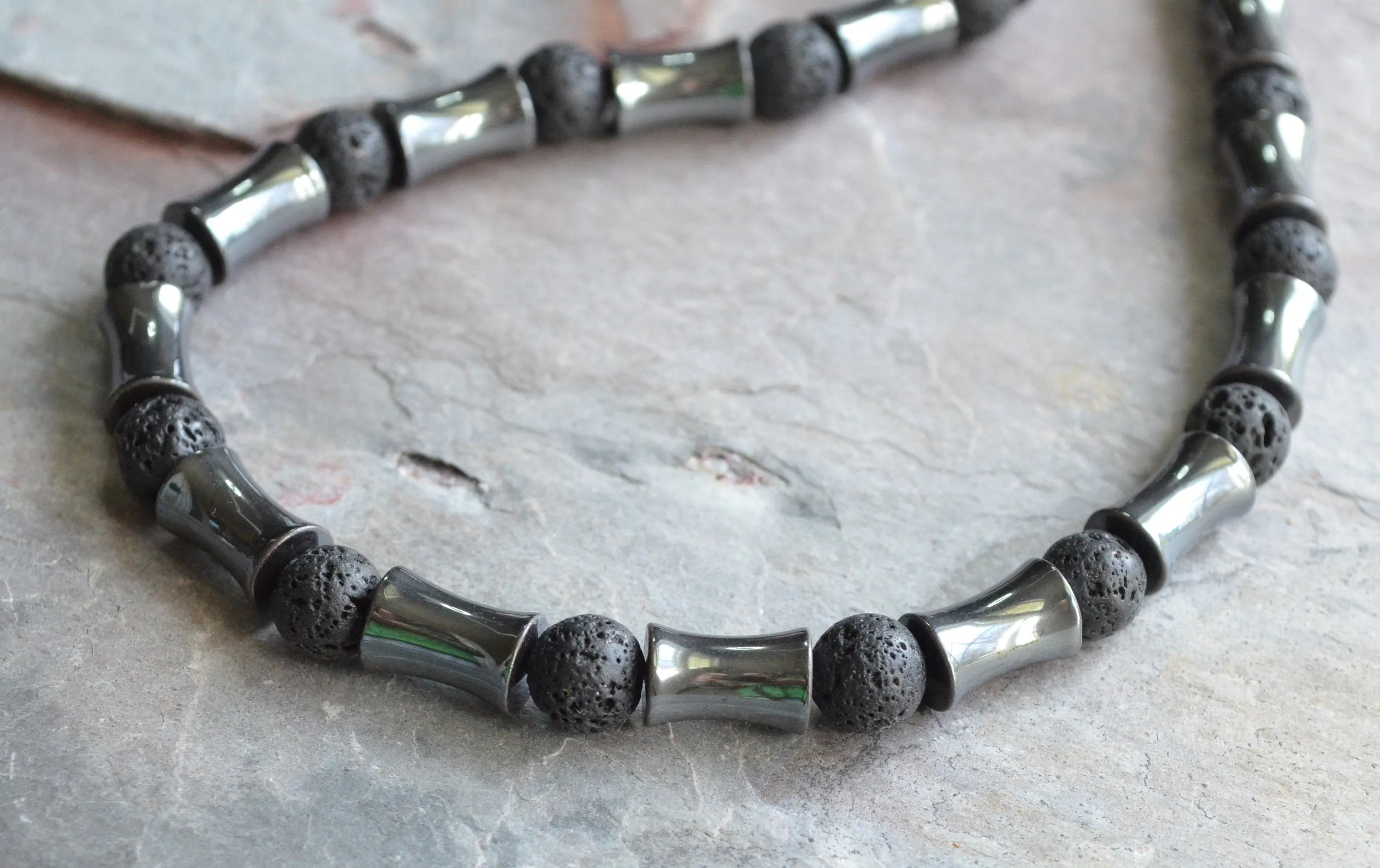 Mens Hematite Gray Black Lava Rock Beaded Surfer Necklace - James