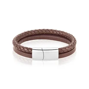 Men's Tarnish Resistant Rhodium Plated Magnetic Brown Leather Bracelet