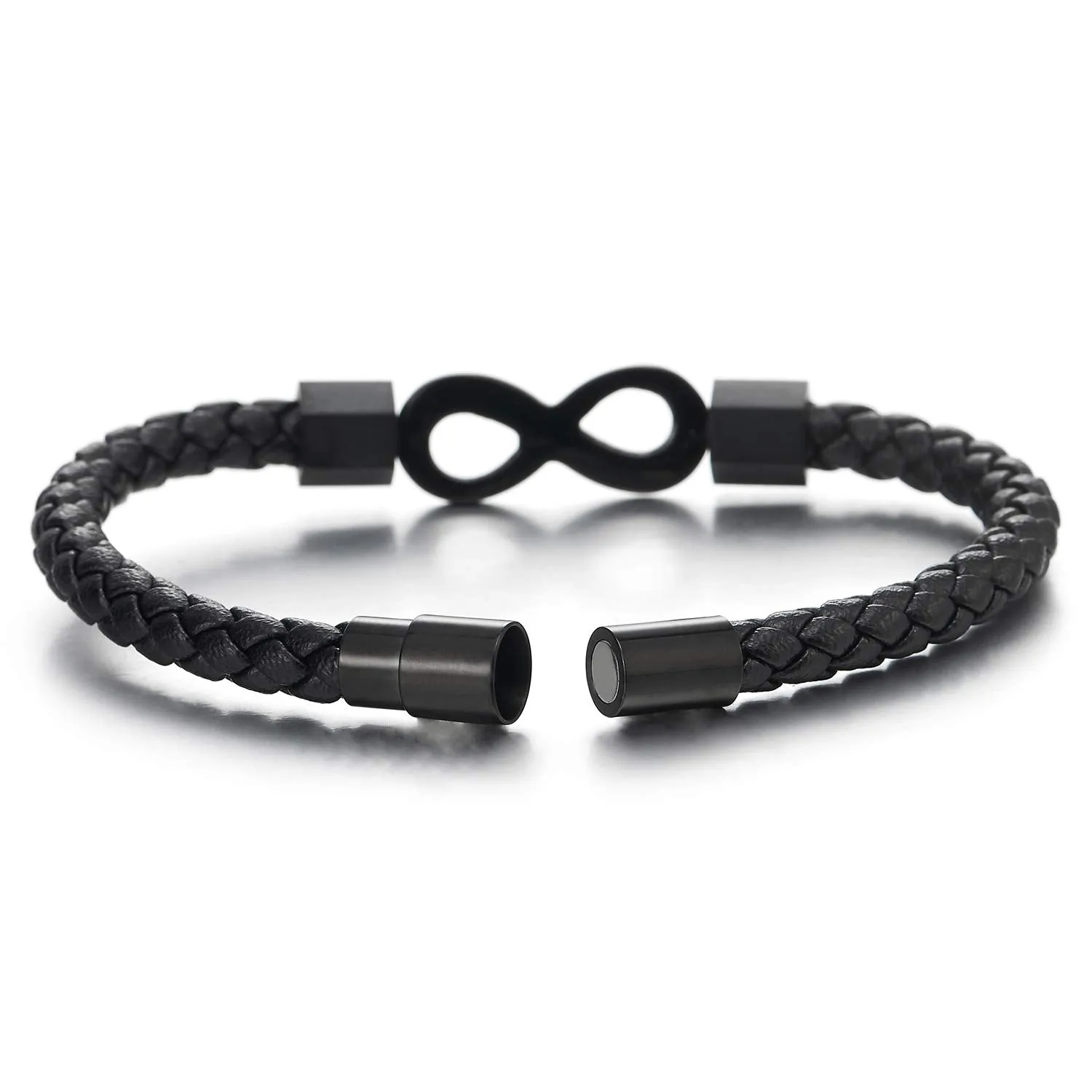 Mens Womens Black Braided Leather Bangle Bracelet Steel Black Infinity Love Number 8, Magnetic Clasp