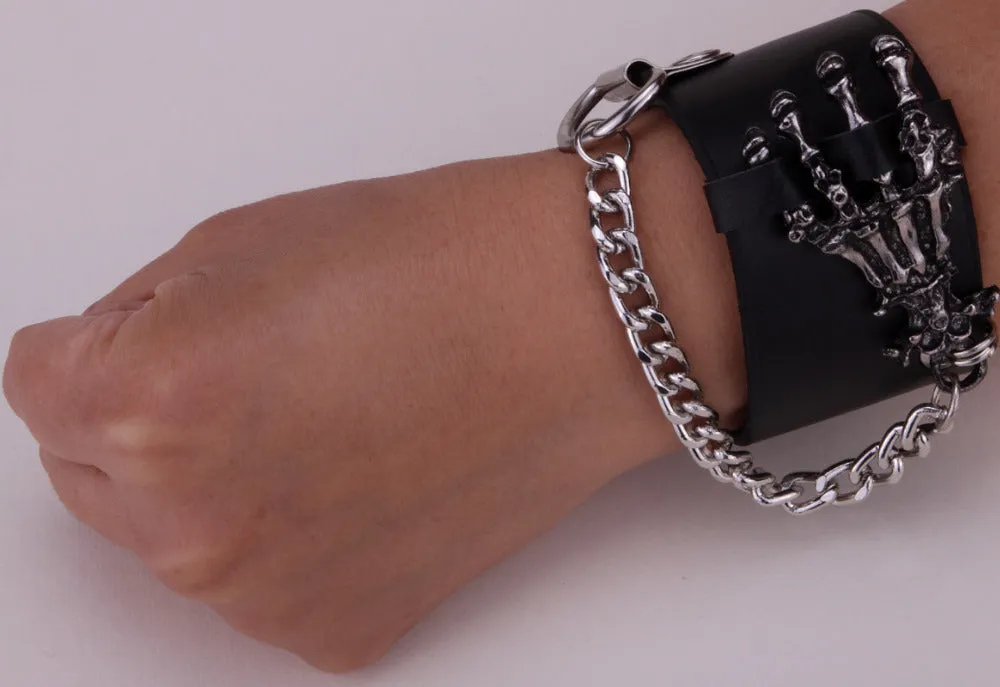 Metal Skeleton Hand Grasp with Chain Leather Bracelet