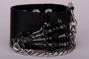 Metal Skeleton Hand Grasp with Chain Leather Bracelet