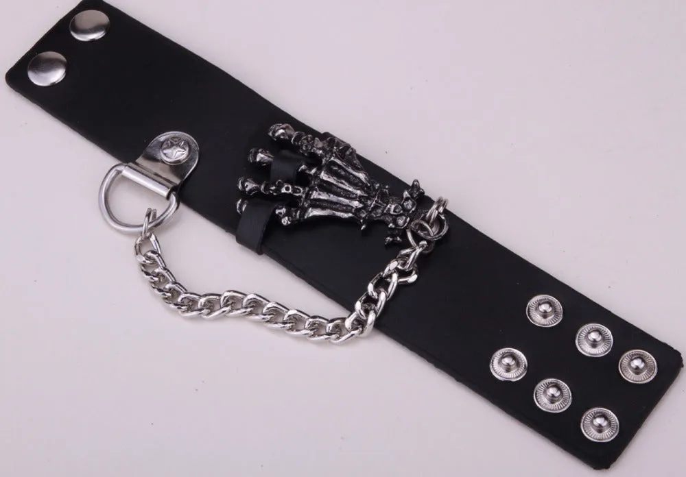 Metal Skeleton Hand Grasp with Chain Leather Bracelet