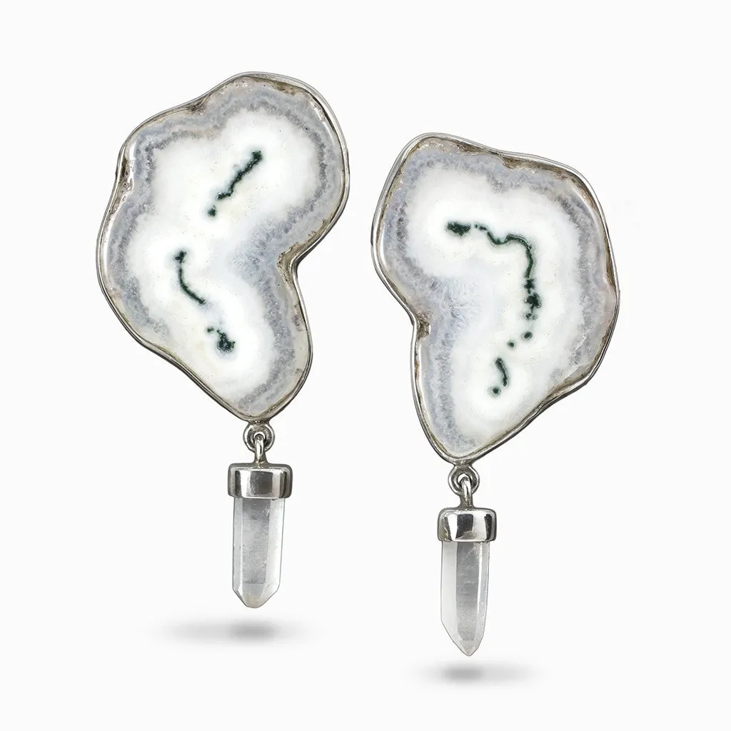 Moss Agate and Laser Quartz Drop Earrings