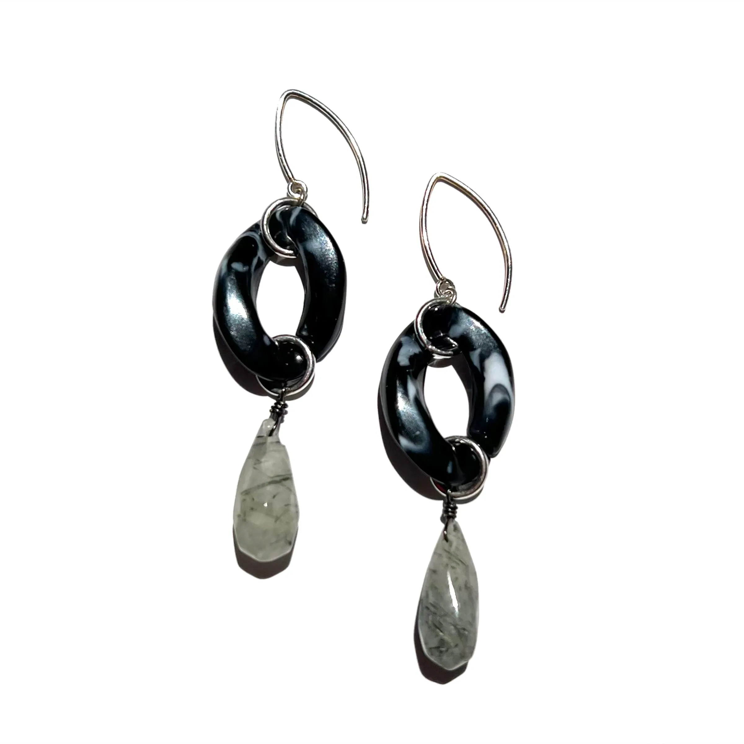 MPR x THE IMAGINARIUM: Black Marble Single Drop with Tourmalinated Quartz and Silver Hooks