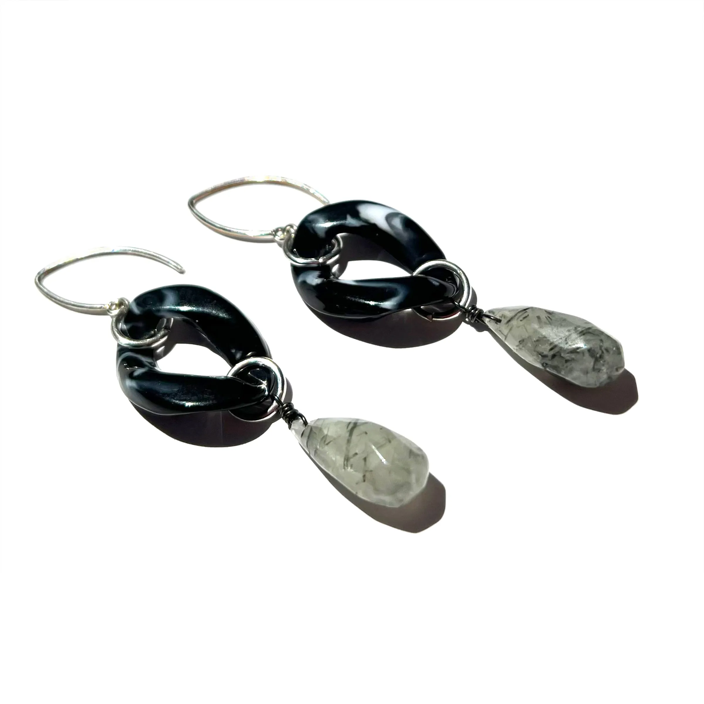 MPR x THE IMAGINARIUM: Black Marble Single Drop with Tourmalinated Quartz and Silver Hooks