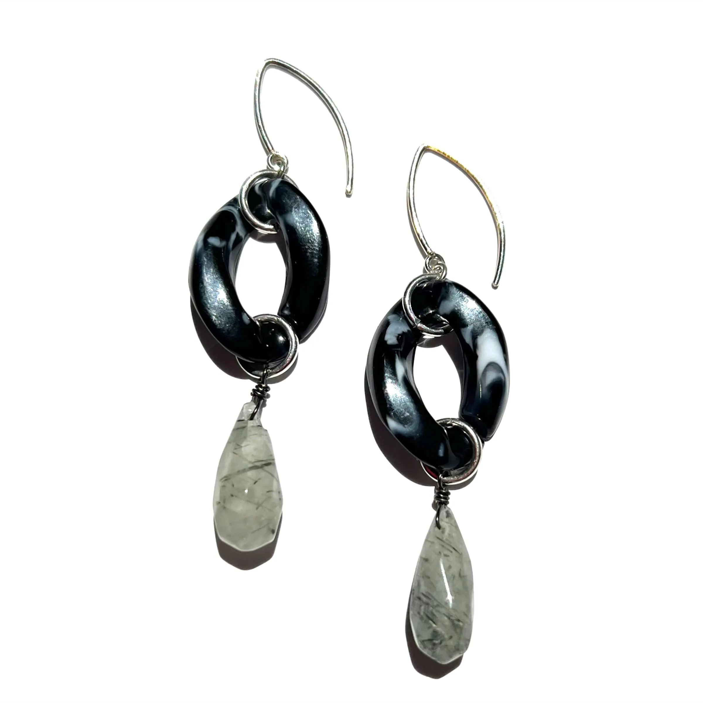 MPR x THE IMAGINARIUM: Black Marble Single Drop with Tourmalinated Quartz and Silver Hooks