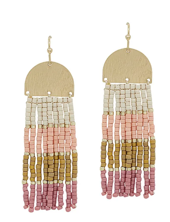 Multi Color Block Seed Bead Tassel Earrings