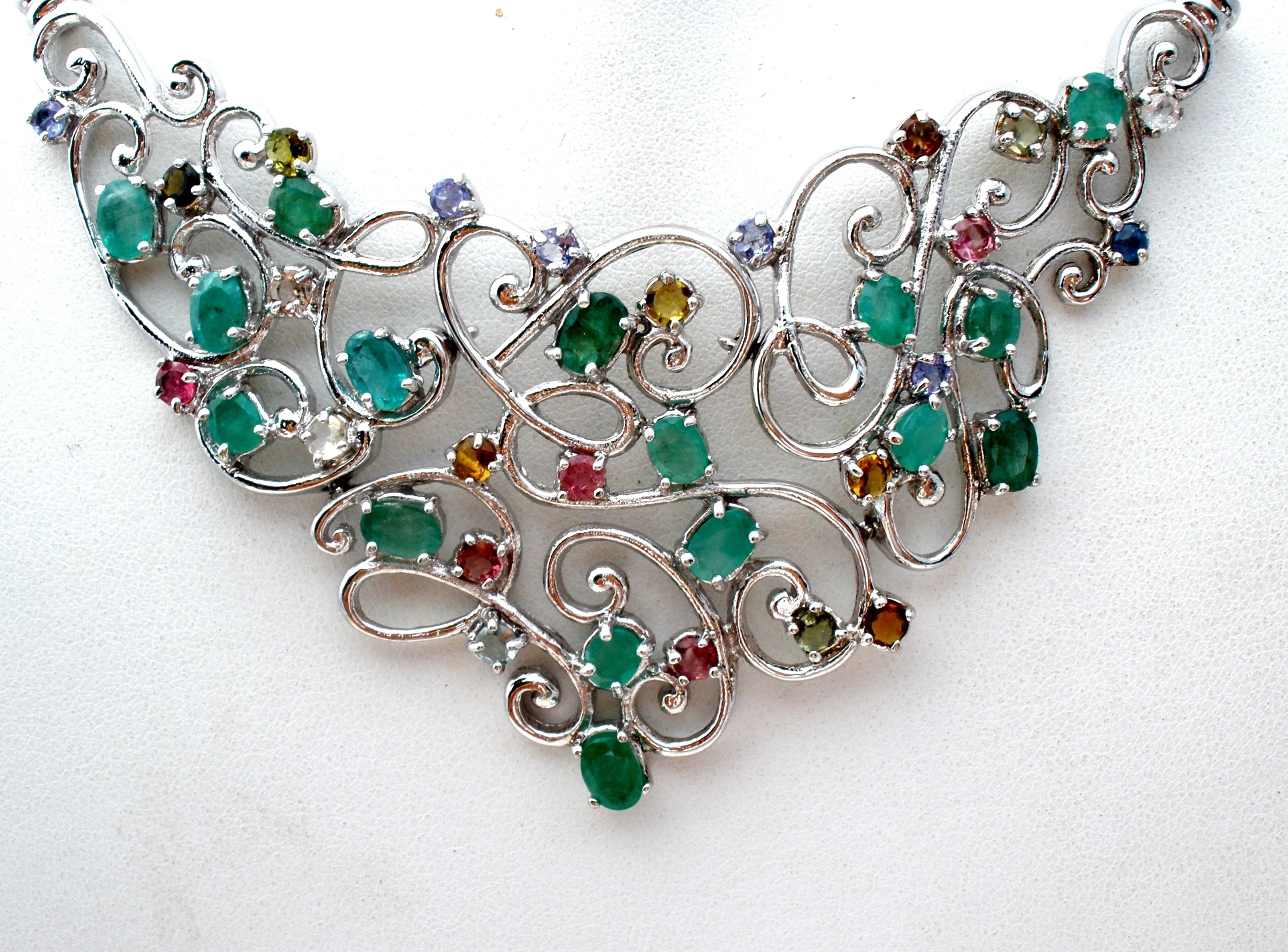 Multi Gemstone Bib Necklace Sterling Silver