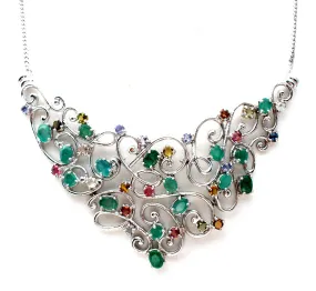 Multi Gemstone Bib Necklace Sterling Silver