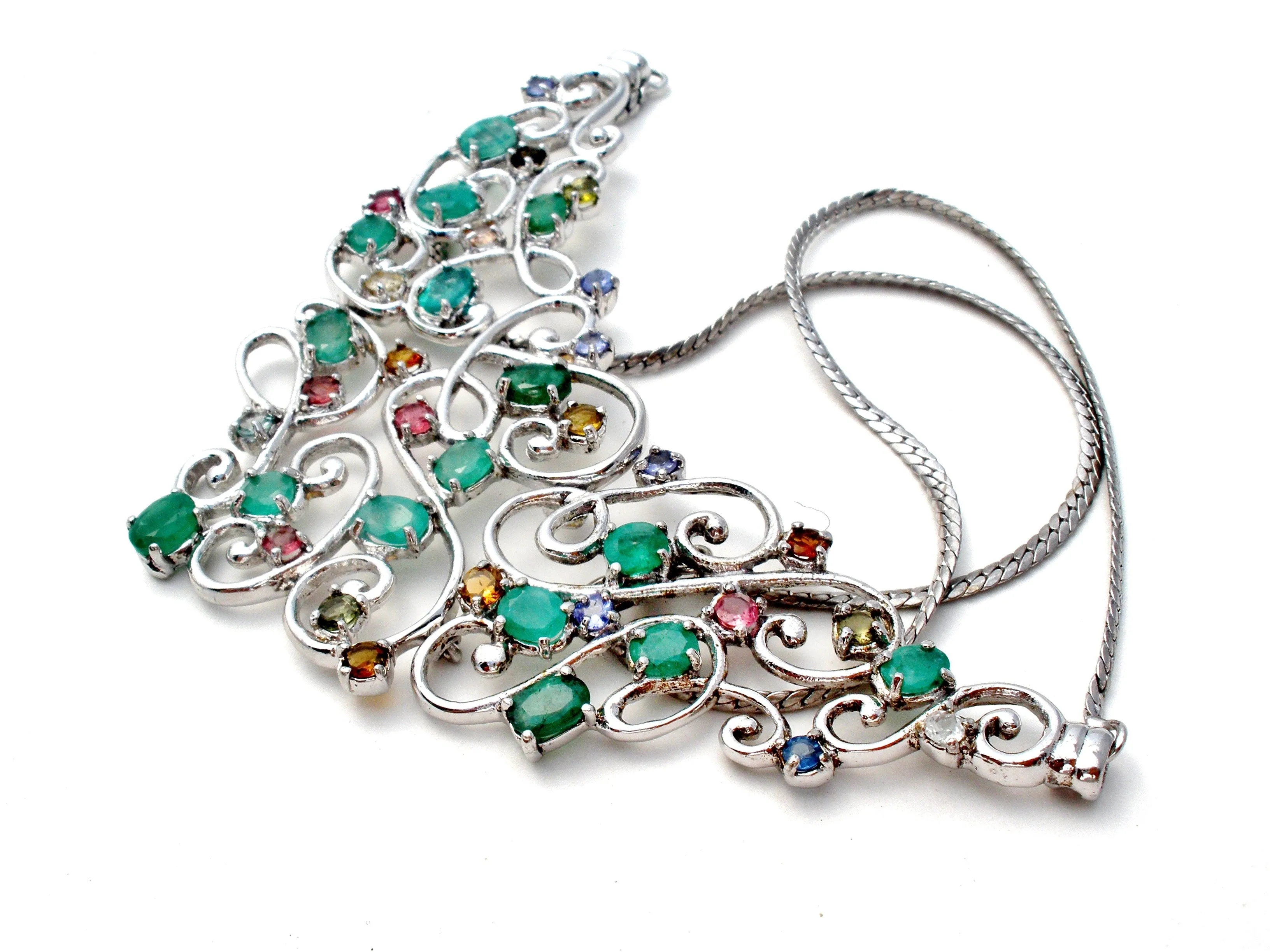 Multi Gemstone Bib Necklace Sterling Silver