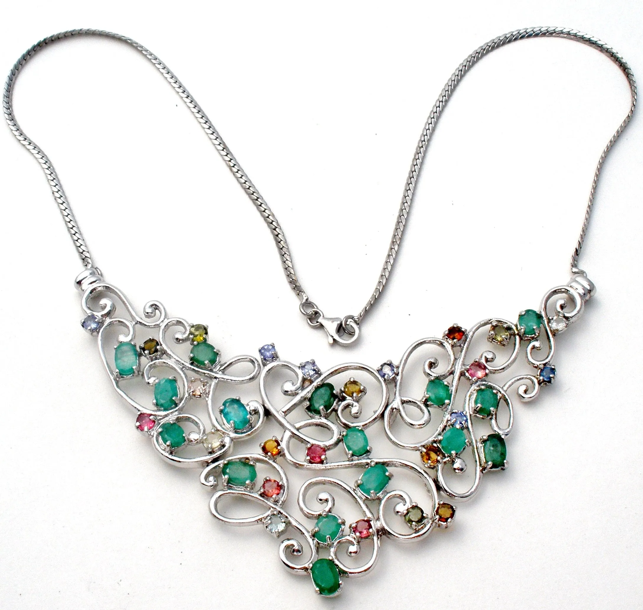 Multi Gemstone Bib Necklace Sterling Silver