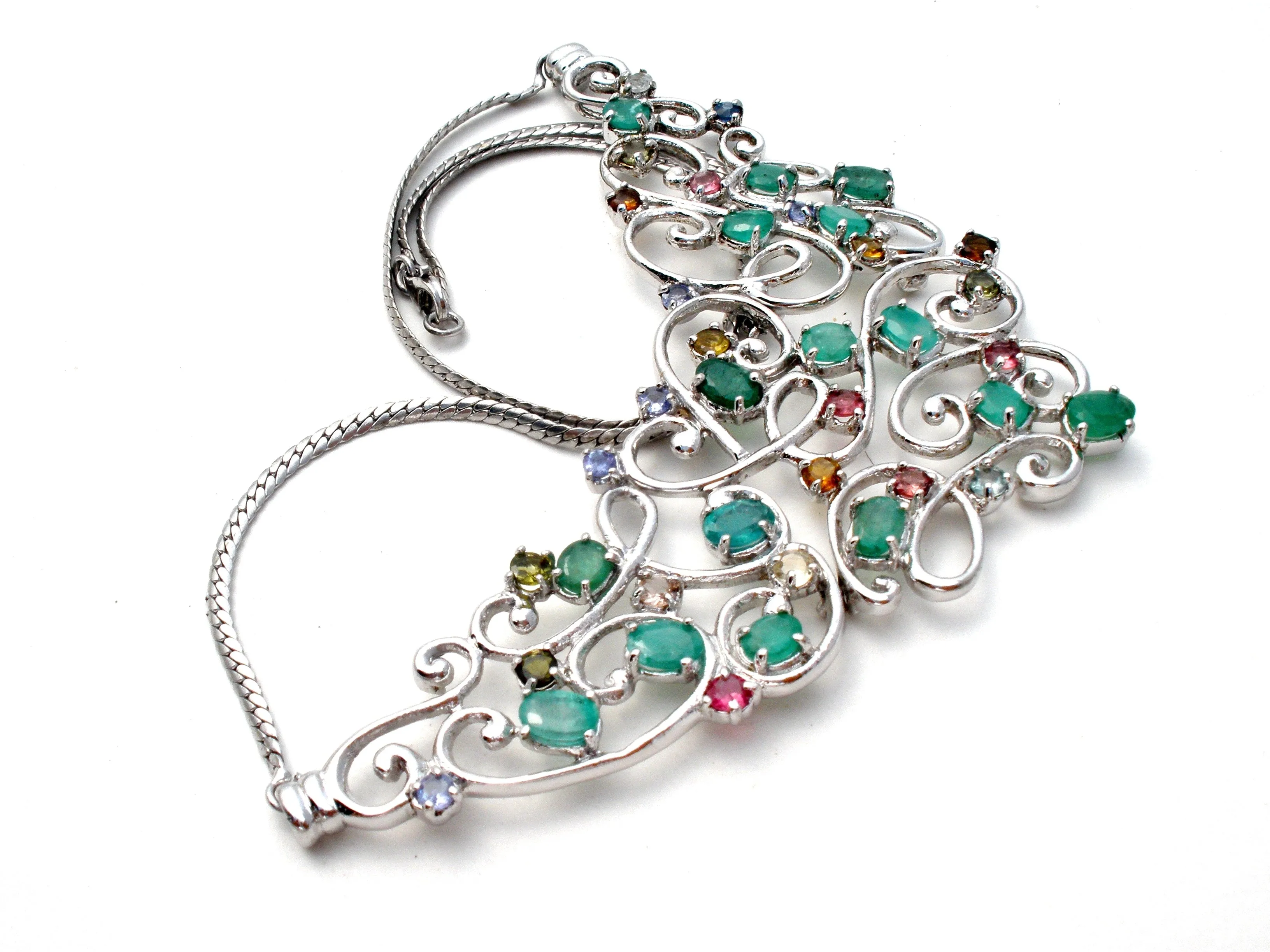 Multi Gemstone Bib Necklace Sterling Silver