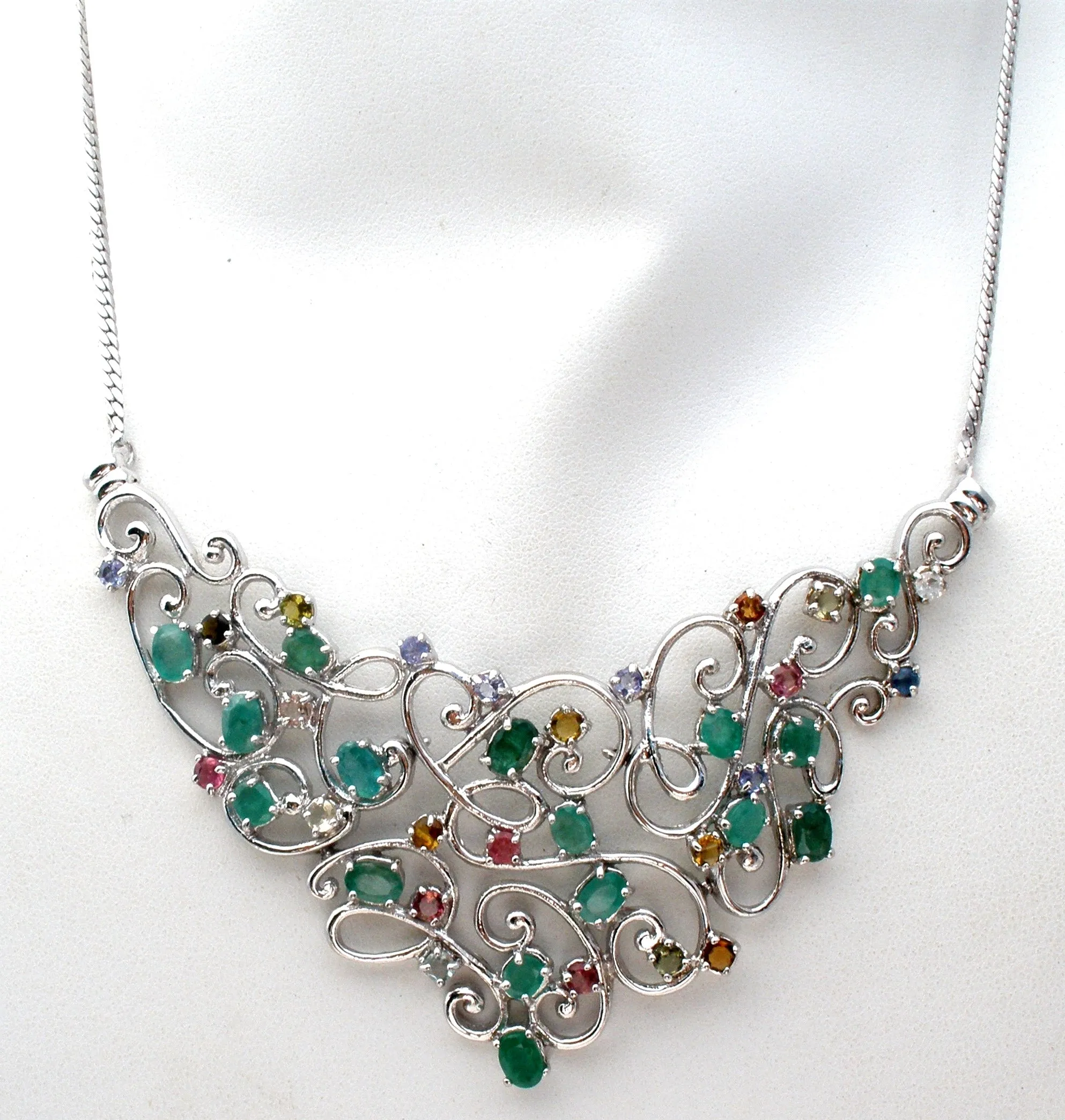 Multi Gemstone Bib Necklace Sterling Silver