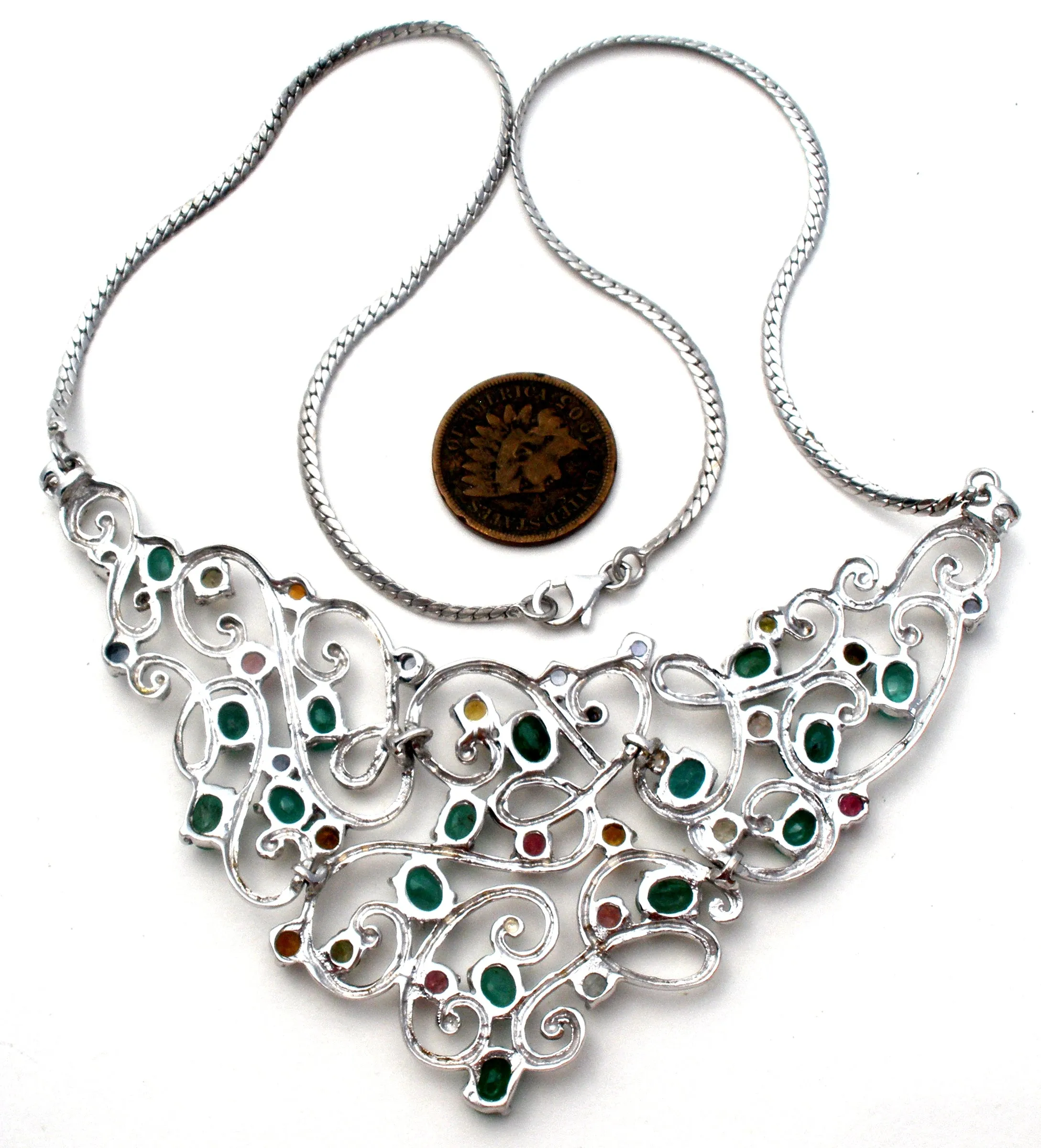 Multi Gemstone Bib Necklace Sterling Silver