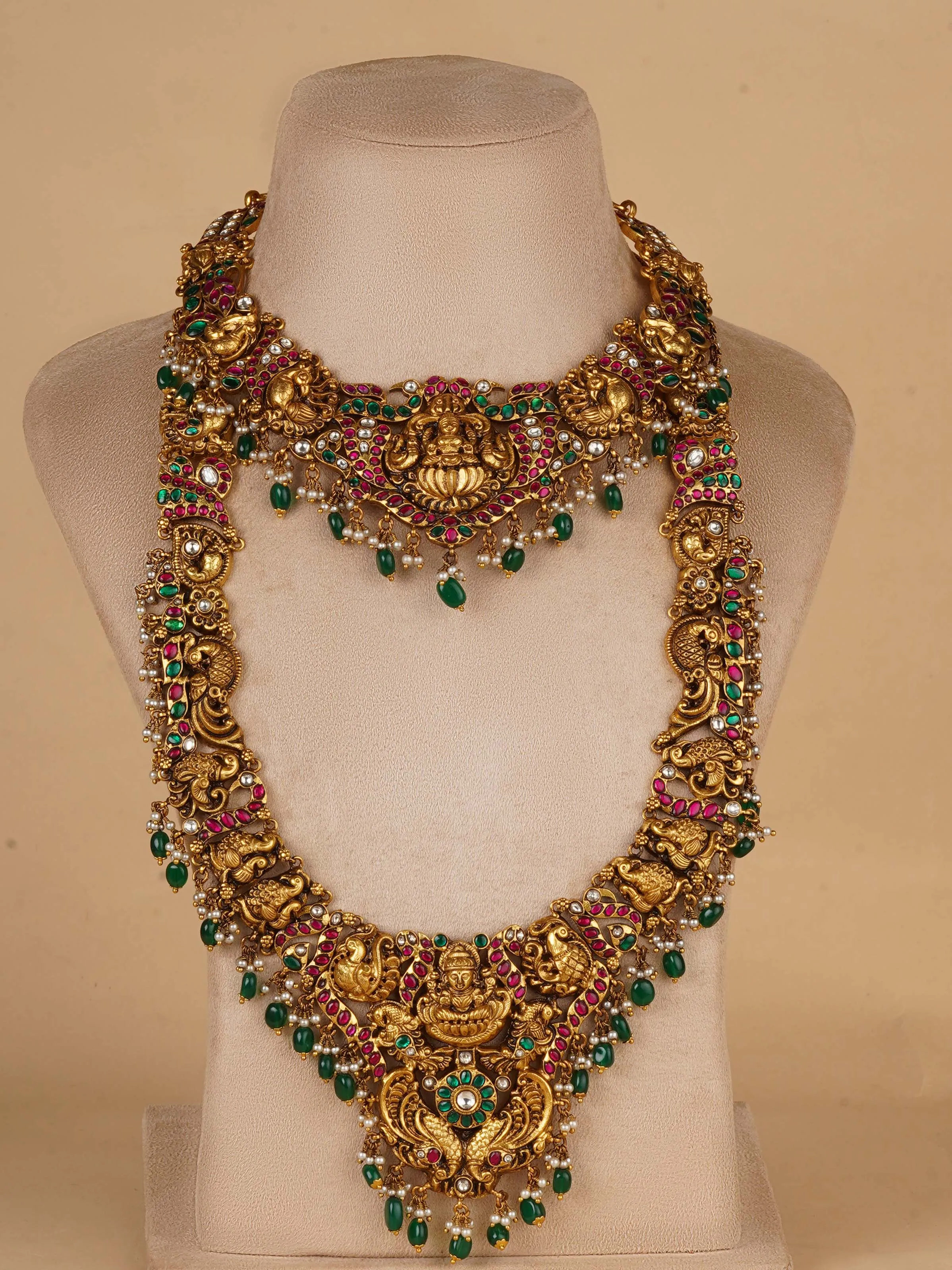 Multicolor Gold Plated Temple Necklace Set - TMPSET221M