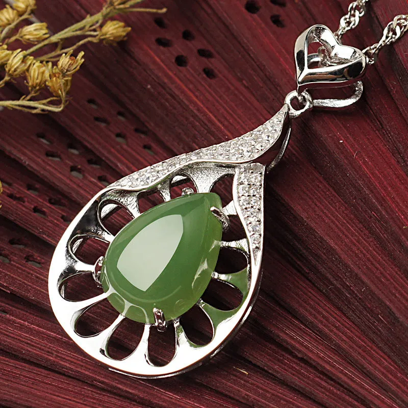 Natural Jade Pendant Nephrite Silver Zircon Pendant ZPT216