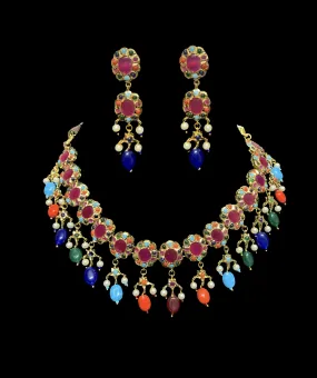 NS97 Pranila navratan hyderabadi necklace set ( SHIPS IN 4 WEEKS  )