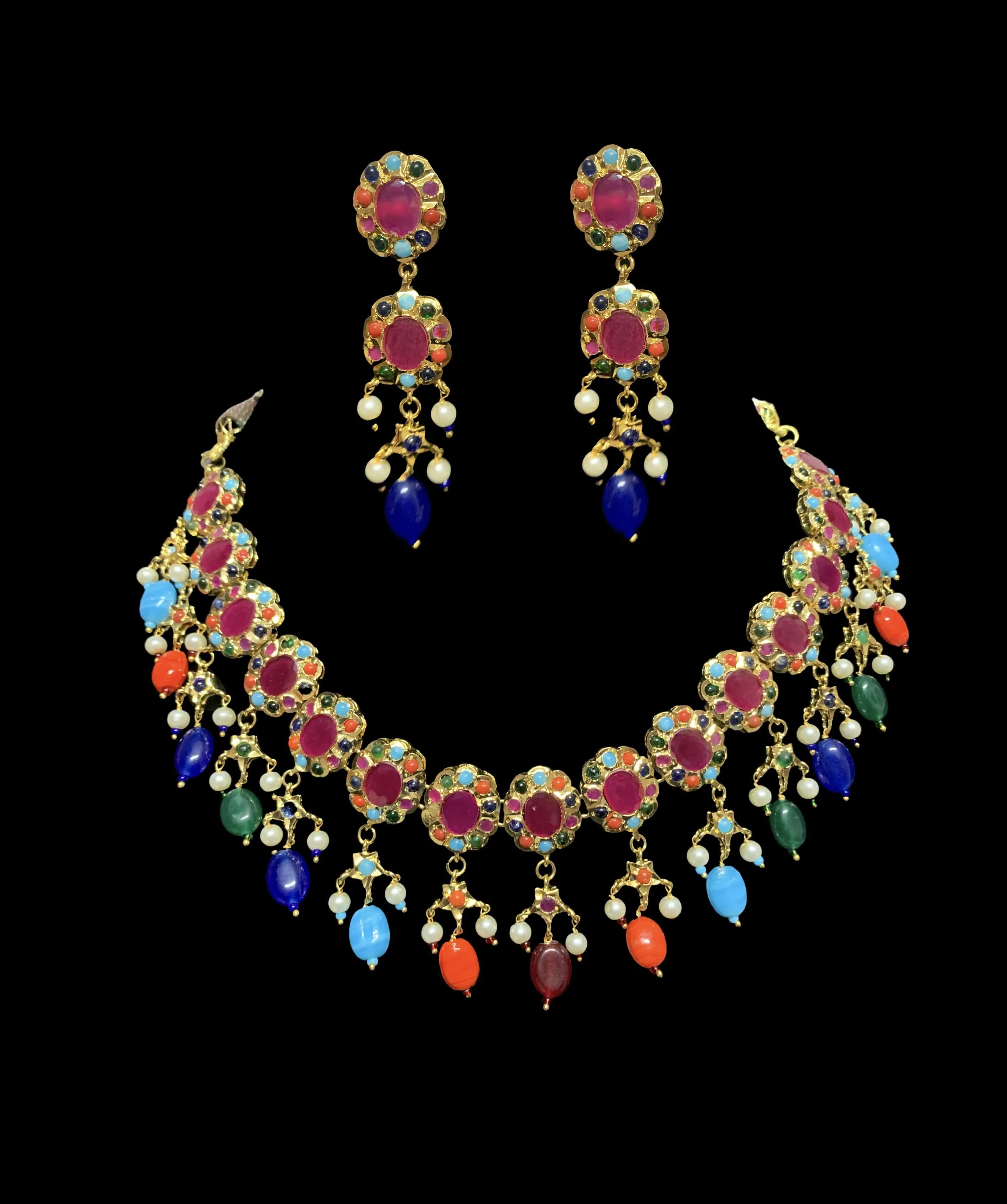 NS97 Pranila navratan hyderabadi necklace set ( SHIPS IN 4 WEEKS  )