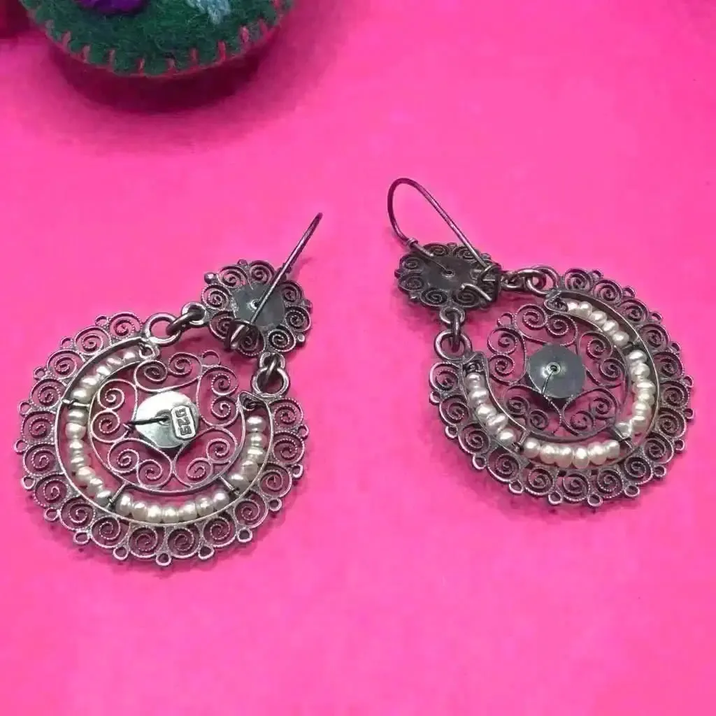 Oaxacan vintage Silver filigree earrings with pearls, circa 1960