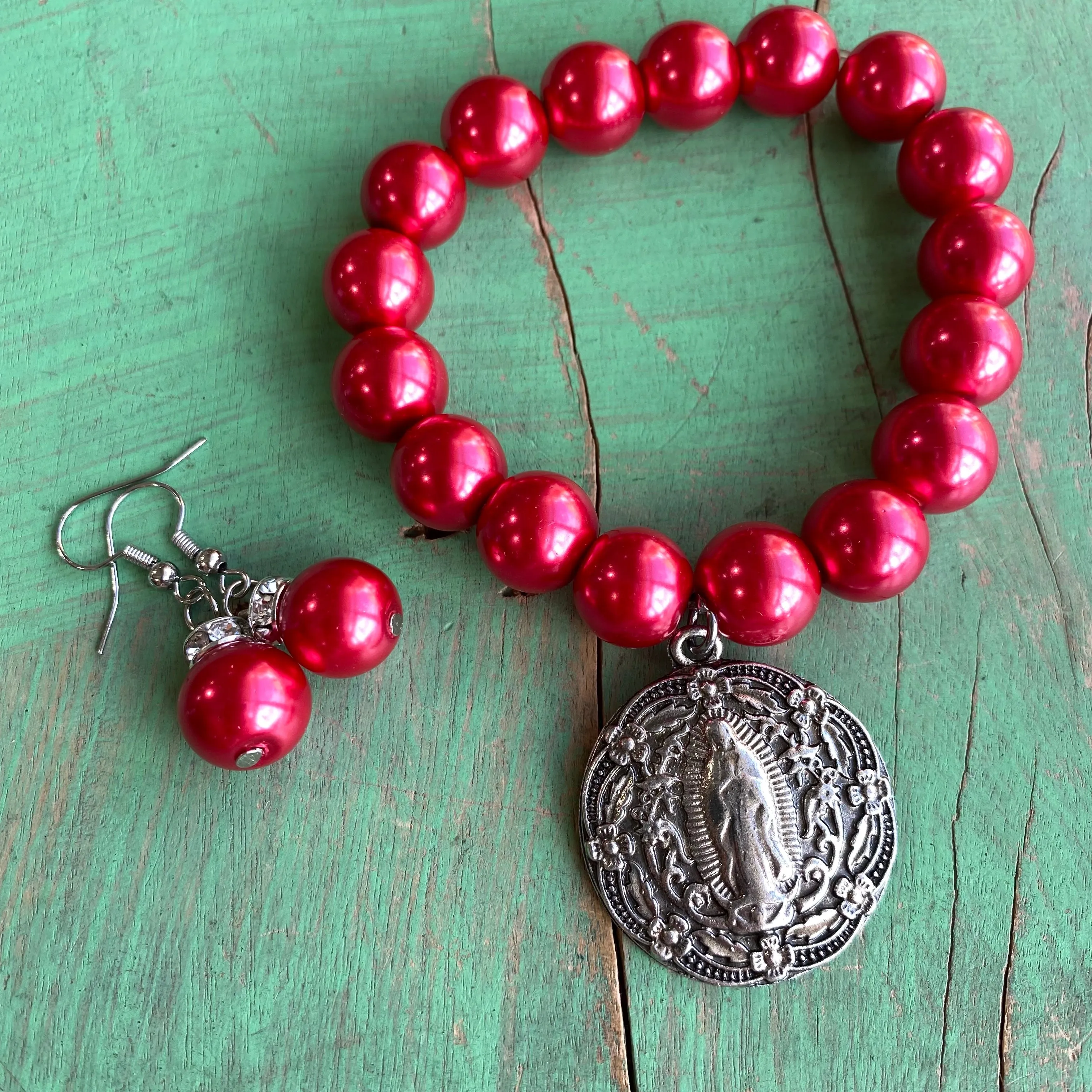 OLG Red Pearl Earring and Bracelet Set