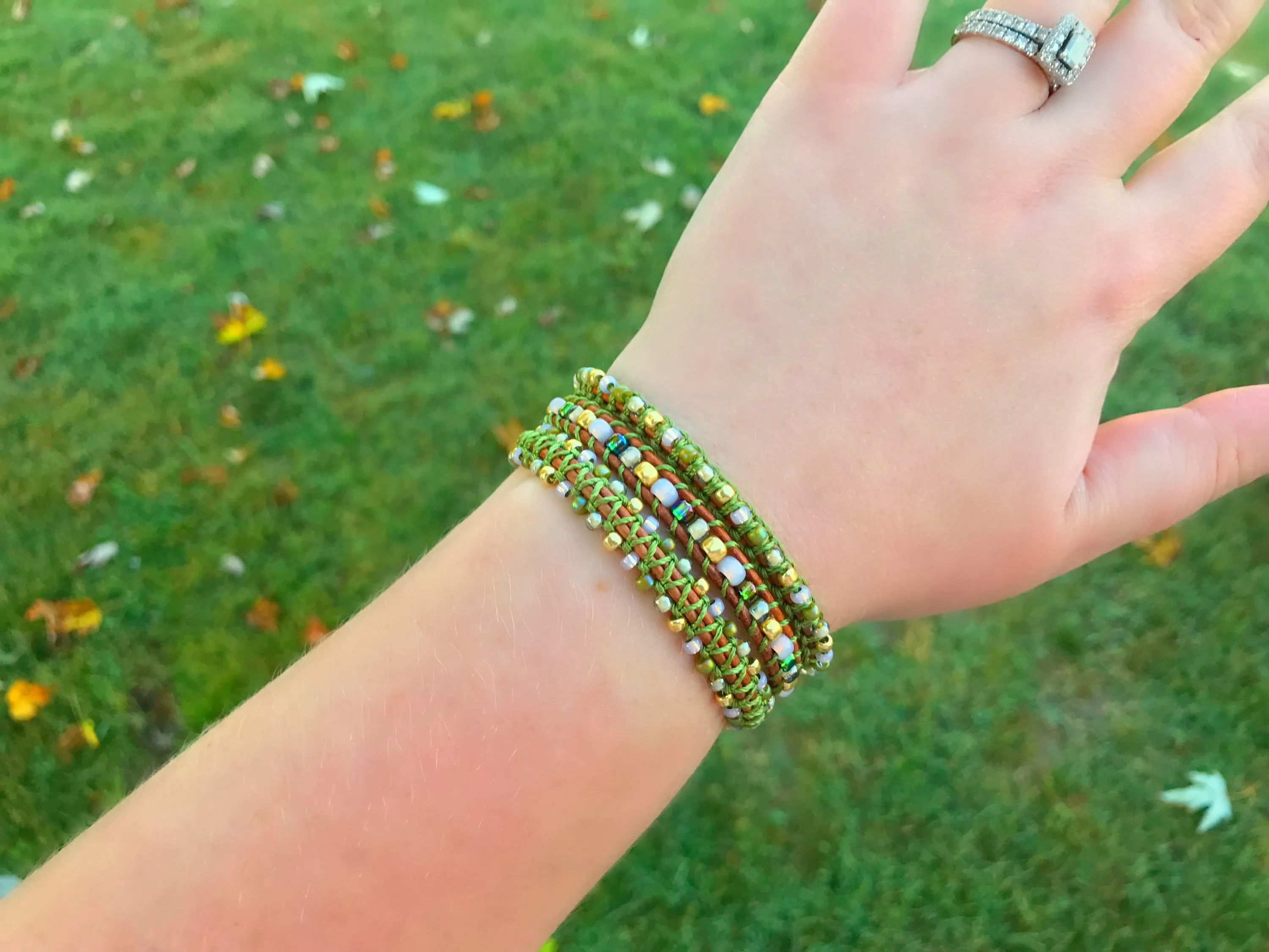 Olive Blush and Gold Macrame Leather Wrap Bracelet