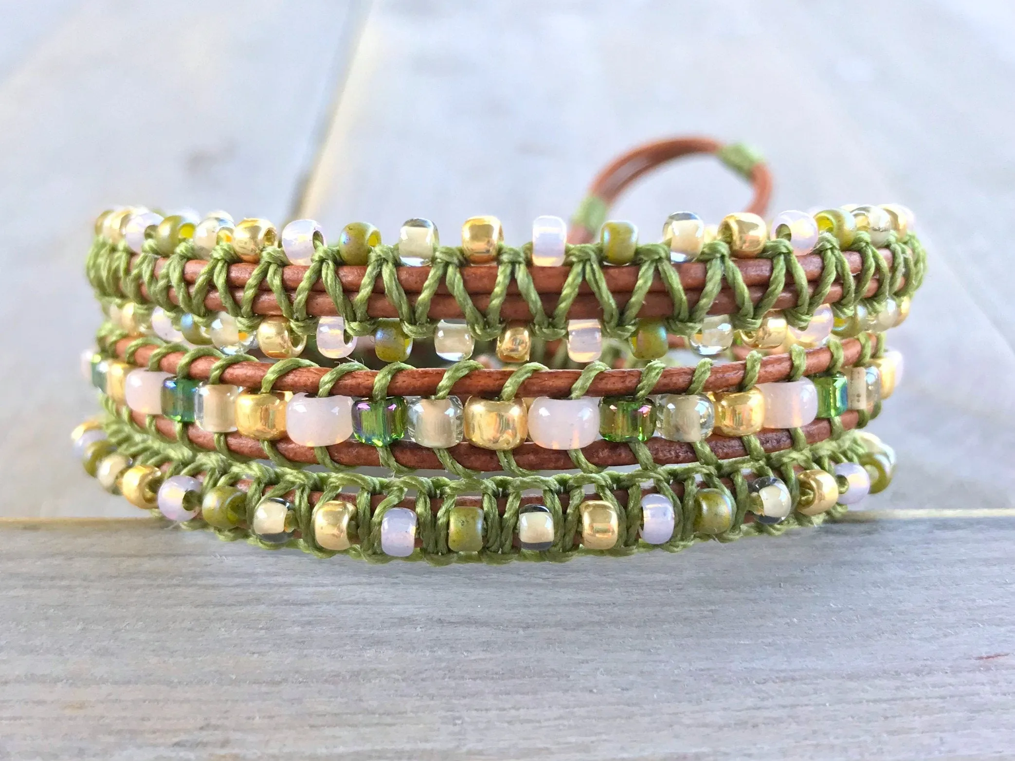 Olive Blush and Gold Macrame Leather Wrap Bracelet