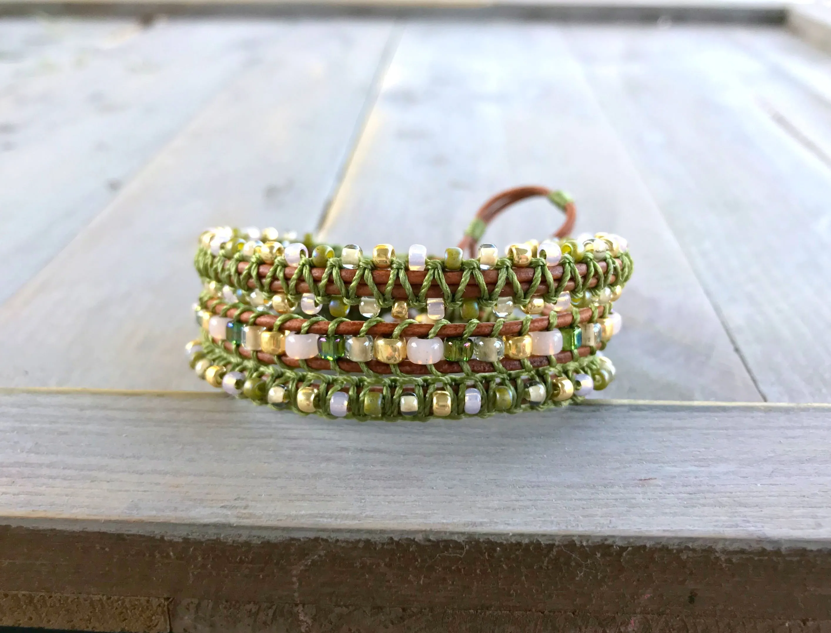 Olive Blush and Gold Macrame Leather Wrap Bracelet