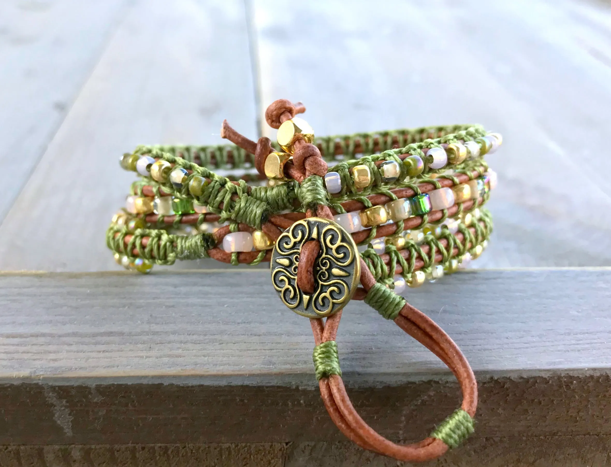 Olive Blush and Gold Macrame Leather Wrap Bracelet