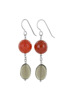 Orange Agate, Brown Smokey Quartz Silver Long Earrings