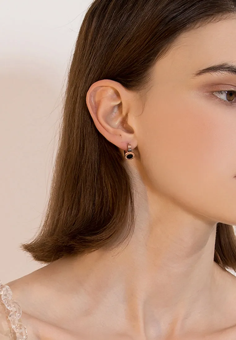 Orla with Round Roman Numeral Rose Gold Huggie Hoop Earrings