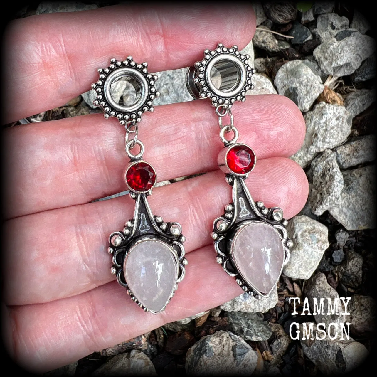 Ornate Rose quartz and Garnet gemstone tunnel dangles