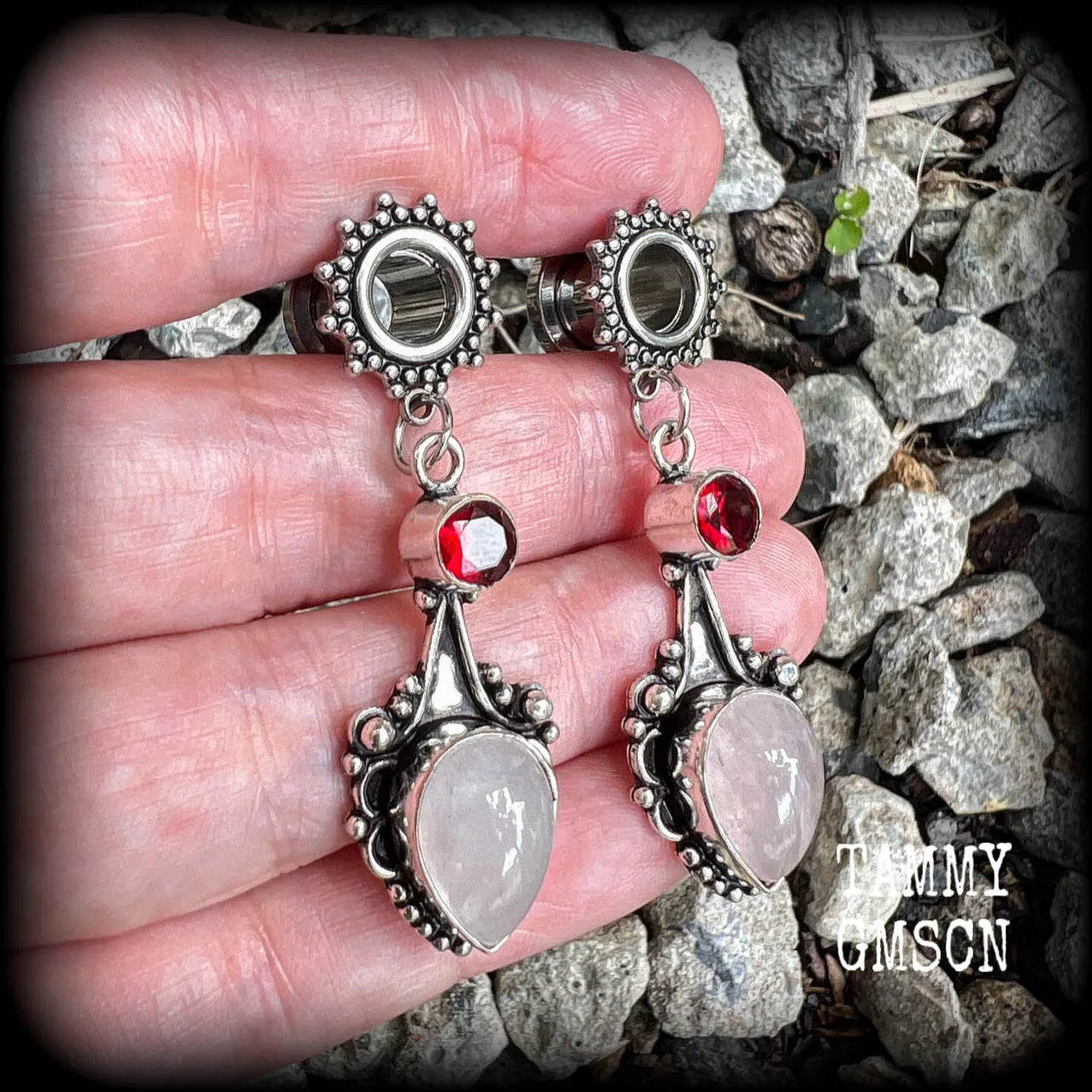 Ornate Rose quartz and Garnet gemstone tunnel dangles