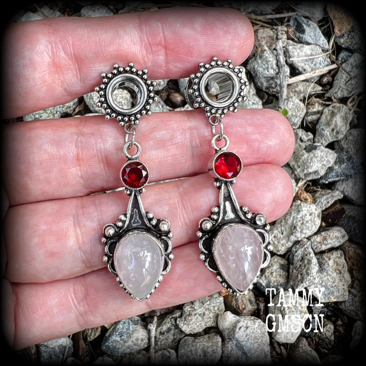 Ornate Rose quartz and Garnet gemstone tunnel dangles