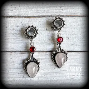 Ornate Rose quartz and Garnet gemstone tunnel dangles