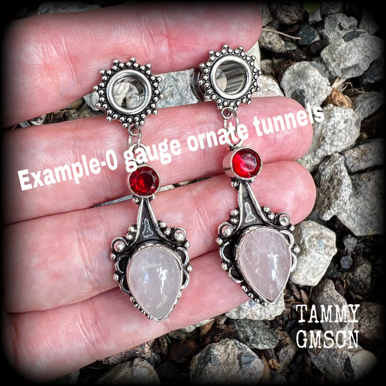 Ornate Rose quartz and Garnet gemstone tunnel dangles