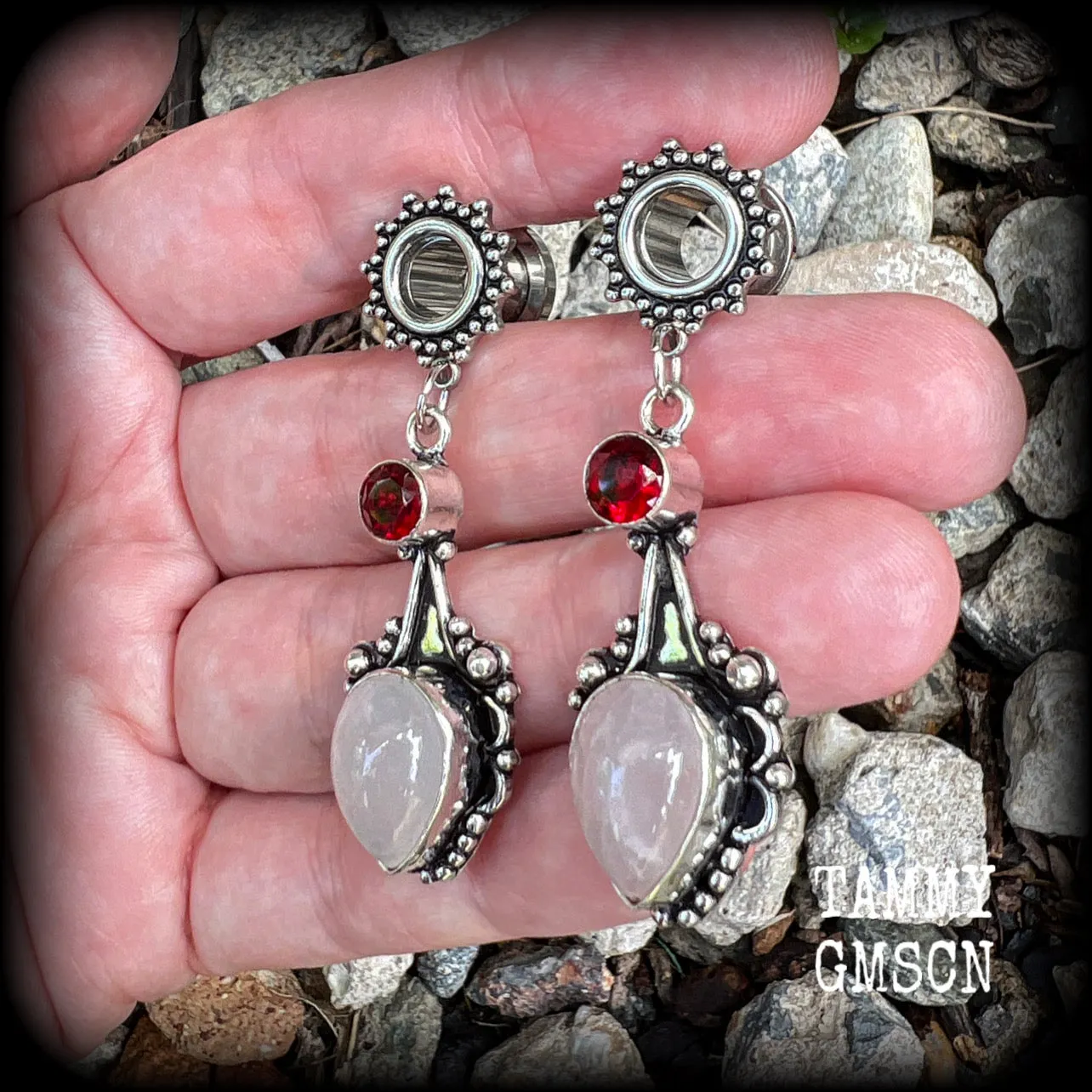 Ornate Rose quartz and Garnet gemstone tunnel dangles