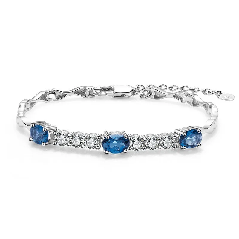 Oval Natural Blue Topaz Silver Bracelet