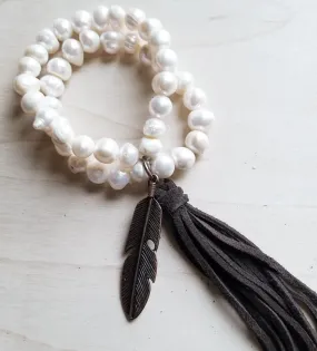 Pearl Bracelet with Copper Feather