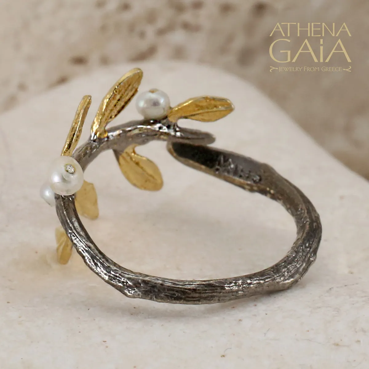 Pearl Olive Twig Ring